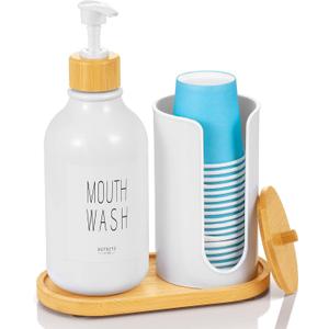 VITVITI Mouthwash Dispenser for Bathroom, Mouth Wash Pump Bottle with Paper Cup Holder, 17Oz Refillable White Mouthwash Container with Bamboo Lid/Tray/Label
