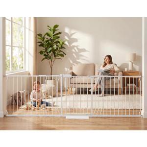 Extra Wide Baby Gates Large Long Dog Gates for The House Doorways Stairs Pressure Mount Dog Pet Gate Walk Through Metal Child Indoor Safety Gates (White, 86.3"-105"/219-267CM)