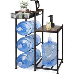 CAROD 5 Gallon Water Jug Holder with Drawers, Heavy Duty Water Jug Stand with Water Dispenser Stand, 5 Gal Water Bottle Holder Water Cooler Jug Rack with 2 Wood Storage Shelves