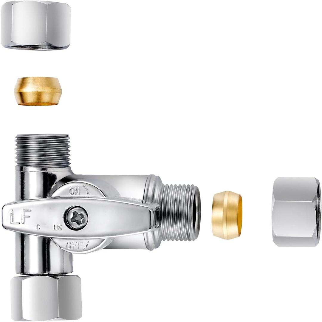 Lead-Free Brass 1Pcs Chrome-Plated Add-A-Tee 3-Way,3/8 Inch x 3/8 Inch x 3/8 Inch Angle Stop Valve For Reverse Osmosis Water Filters,Ice Maker,Refrigerator