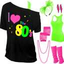 I Love The 80's Disco 80s Costume Print Off Shoulder Tops Tank Top Headband Earring Necklace Legwarmers Fishnet Gloves (X-Large, Rose Red, Neon Green)
