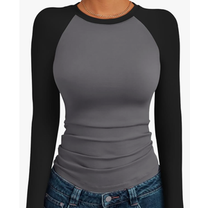 Trendy Queen Women's Long Sleeve Shirts Slim Fit Stretchy Color Block Slightly Cropped Tops M