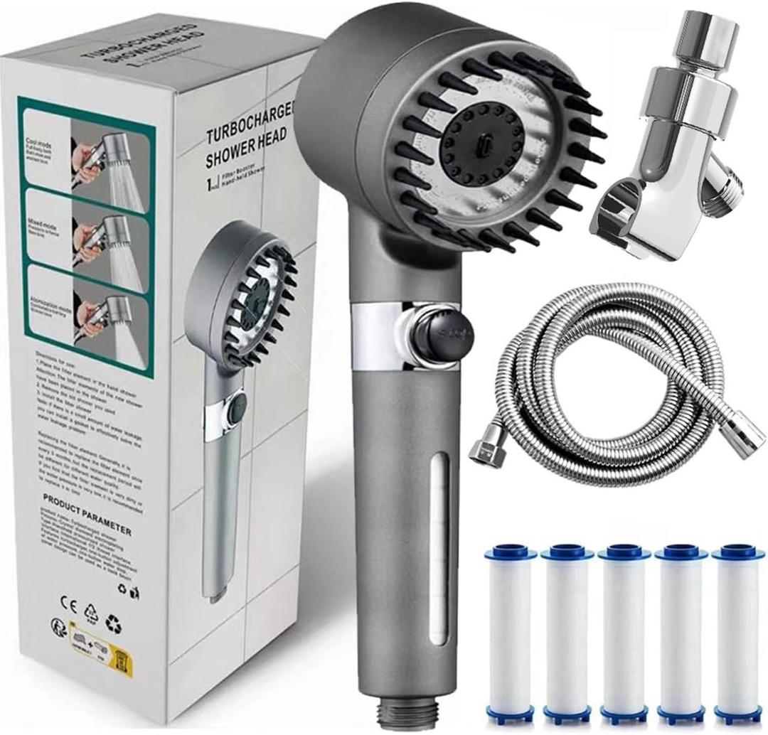 Ion Drops Filtered Shower Head, 2026 NEW Ion Drops Shower Head with 59in Hose/Bracket, Adjustable Filtered Showerhead with 5 Filter Replacements, Built-in Power Flash for Bathroom Cleaning