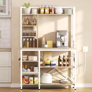YITAHOME Microwave Stand Bakers Rack w Power Outlet, Coffee Bar Kitchen Freestanding Utility Storage Shelf for Pantry Appliance Spice Pot Pan Organizer w Thickened Counter 6 Hook 39", Oak & White