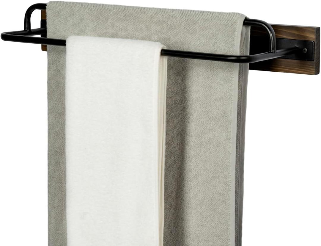 MyGift 2 Tier Wall Mounted Industrial Matte Black Metal Towel Holder Bar on Rustic Burnt Solid Wood, 18 Inch Dual Rails for Hanging Bathroom Hand Towels
