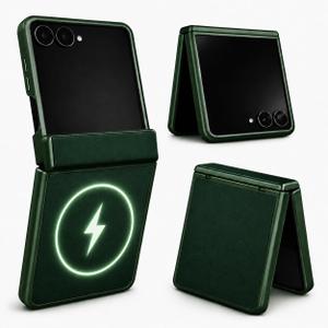 Genuine Leather Case for Galaxy Z Flip 7, MagSafe Compatible Slim Cover with Hinge Protection, Military-Grade Drop Protection, Free Magnetic Grip Holder, Color-Matched Trim (Green)