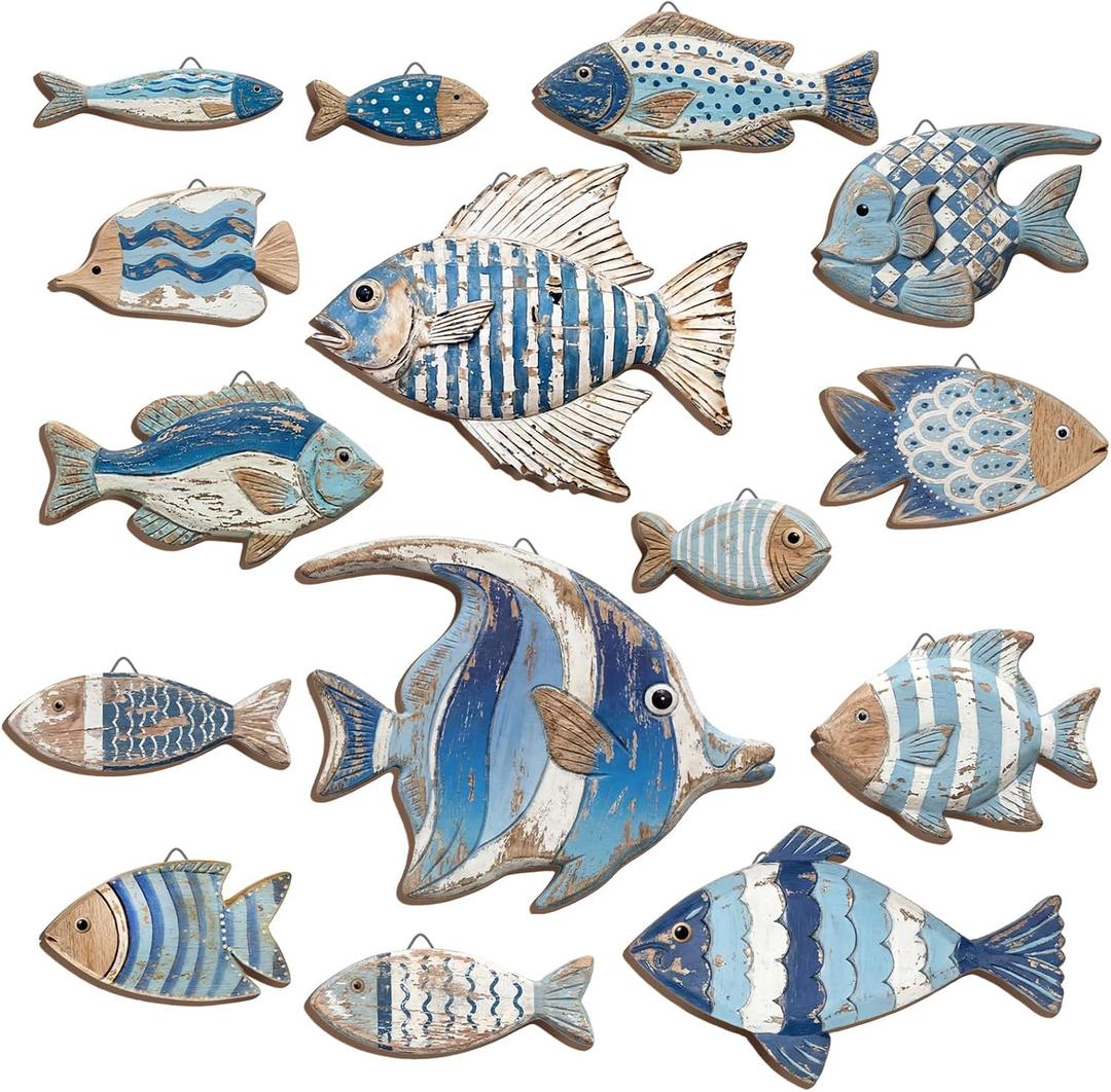 Spiareal 15 Pcs Wood Fish Nautical Wall Decor Wooden School of Fish Wall Art Rustic Hanging Beach Decor Ocean Coastal Theme Vintage Ornaments for Summer Home Lake House Bathroom Bedroom(Charming)