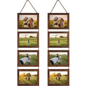 Lavezee 5x7 Hanging Collage Picture Frames Set of 2, Walnut Brown 8 Opening Horizontal Frame Made to Display 5 by 7 Inch Photo for Wall Decor