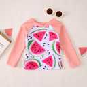 MODNTOGA Baby Girl Swimwear 2Pcs Long Sleeve Flower Swim Bathing Suit Set Toddler Kid Watermelon Graphic Swimsuit Beach Wear (6-12 Months, Light Pink Watermelon)