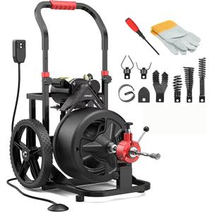POPULO Auto Feed 100 FT1/2" Electric Drain Snake With Mobile 12 Wheel,700W Drain Auger Includes 8 Cutters Suitable For 2-4 Pipes,Extra Long Cable Wide Drain Range Suitable for Various Scenarios
