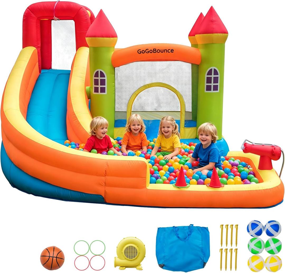 10x10 Inflatable Bounce House with Slide and Ball Pit Kids 3-8 | 10x10ft 7-in-1 backyard play center, wet or dry use, includes blower, stakes, carry bag, basketball, rings, sticky balls, XXXL