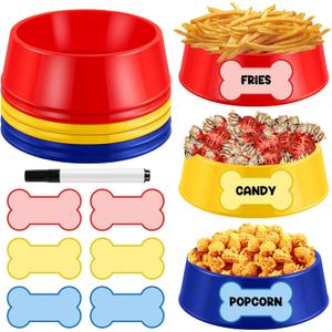 Demonwer 6 Set Dog Paw Plastic Bowls Dog Birthday Party Supplies Red Blue and Yellow Food Trays with Bone Cards for Table Dog Puppy Party Decorations