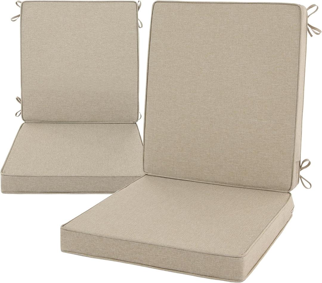 Outdoor Chair Cushions, Water-Resistant & Fade-Resistant, Patio Furniture Lawn Dining Chair Seat Replacement with Mid Back, Ties Zipper, Removable Cover, 18 x 16.5 Inch, Set of 2, Natural