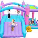 Inflatable Bounce House with Slide, 7 in 1 Jumping Castle with Blower, 143 x 148 x 78 Inch Large Bouncer, Sunshade Cover, Basketball, Ball Pit, Dart Game, 4 Players