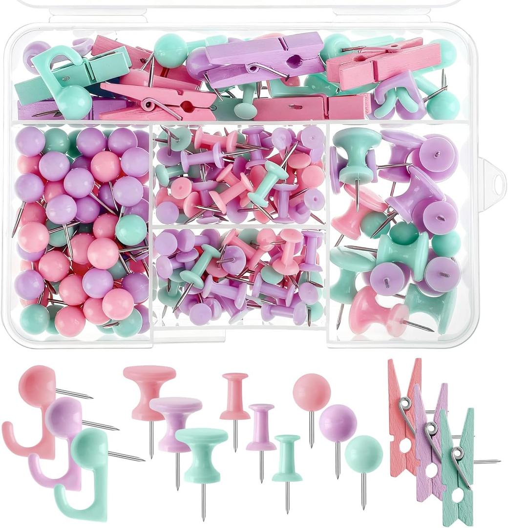 200 Pieces Push Pins Set, 5 Types Colorful Thumb Tacks Cute Decorative Push Pins for Wall Cork Board Bulletin Boards with Storage Box