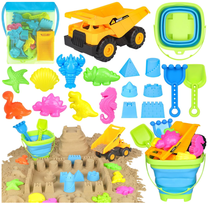 FHOZGECY Beach Toys, Sand Toys for Toddlers 3-5, Sandbox Toys with Dump Truck, Collapsible Beach Bucket, Sand Castle Building kit, Sand Molds, Beach Shovel, Mesh Bag, Travel Toys for Kids Ages 4-8