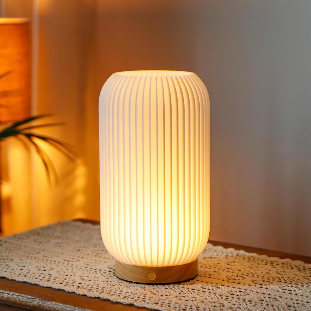 JHY DESIGN 3Color Light Source Dimmable Touch Bedside Lamp 9" H Rechargeable Button Control Table Lamp 3D Printed Nightstand Lamp with Woodbase for Bedroom Living Room Indoors(White, TypeC Charging)