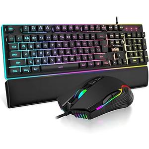 RedThunder K10 Wired Gaming Keyboard and Mouse and Wrist Rest Combo, RGB Backlit, Mechanical Feel Antighosting Keyboard + 7D 7200 DPI Mice+Soft Leather Wrist Rest 3 in 1 PC Gamer Accessories(Black)