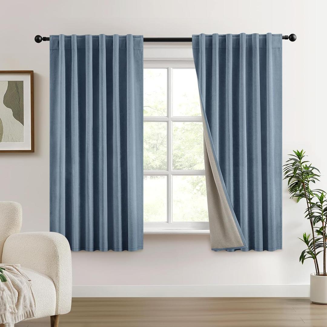 HOMEIDEAS 100% Chenille Blackout Curtains for Bedroom Stone Blue Curtains 63 Inch Length 2 Panels for Living Room Thermal Insulated Rod Pocket & Back TabsWindow Drapes, W52 x L63