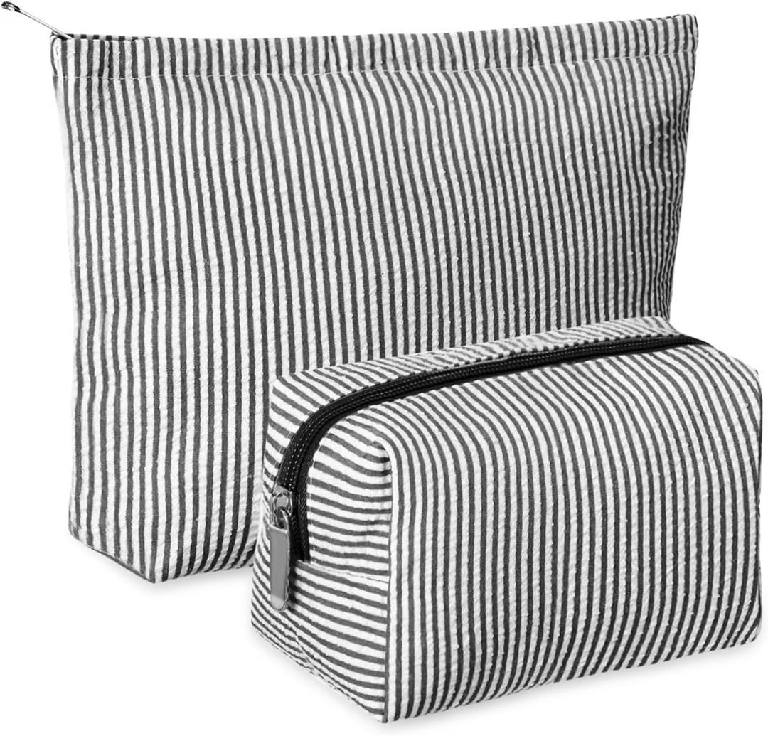 2 Pieces Makeup Bag Set Cute Cosmetic Pouch for Women Seersucker Travel Toiletry Bag Preppy Small Makeup Purse Pouch Aesthetic Skincare Brushes Storage Organizer for Christmas Women(Black)