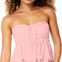 Womens Tiered Ruffled Tube Top Sweetheart Neck Drawstring Ruched Front Tube Tops Smocked Back Halter Babydoll Tops Pink (Pink)