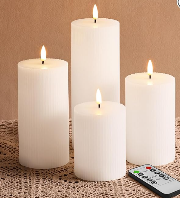 Pink Ribbed Flameless Pillar Candles with Remote, Flat Top Flickering LED Wax Battery Candles Set of 4,  3" H 4" 5" 6" 8"