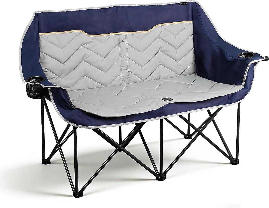 Double Camping Chair, Padded Loveseat Camping Couch, Oversized 2 Person Camp Chairs with Carry Bag,Heavy Duty Folding Lawn Chair for Adults Portable Outdoor Folding Sofa for Patio Backyard, Blue