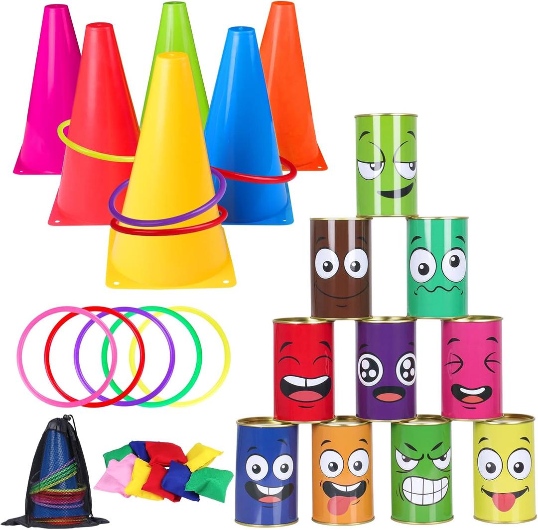 36PCS Carnival Games Combo Set 4 in 1 Bean Bag Toss Can Games Plastic Cone Ring Toss Game for Indoor Outdoor School Field Day Birthday Party Yard Game for Kids Adults