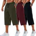 Neer 3 Pack Men's Baggy Capri Pants Plus Size Below Knee Casual 3/4 Shorts Big and Tall Summer Drawstring Pants with Pockets (Black, XL)