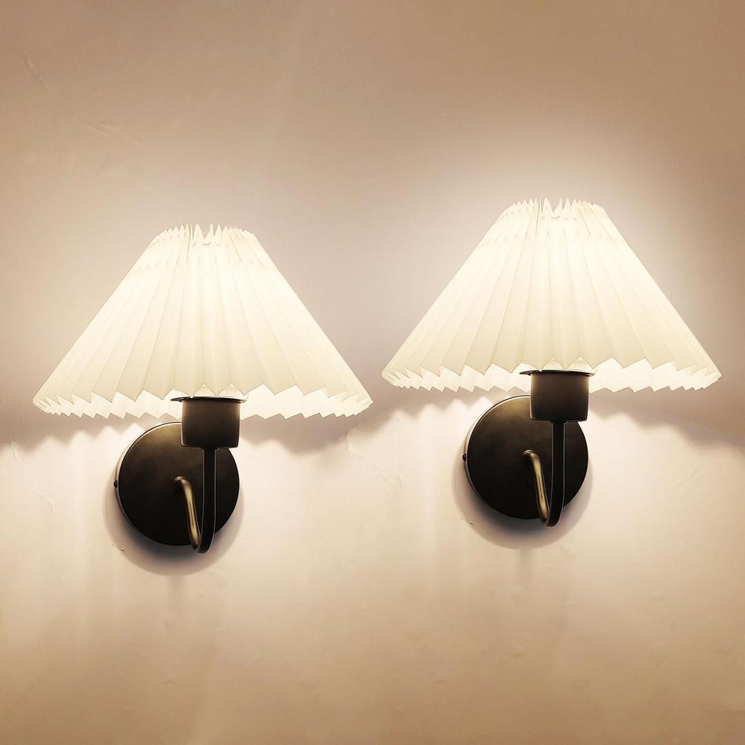 Black Wall Sconces Sets of 2, Pleated Fabric Wall Lamp Modren Bedside Wall Light Bathroom Dresser Vanity Light Hardwired Wall Lighting for Bedroom Living Room Hallway Kitchen