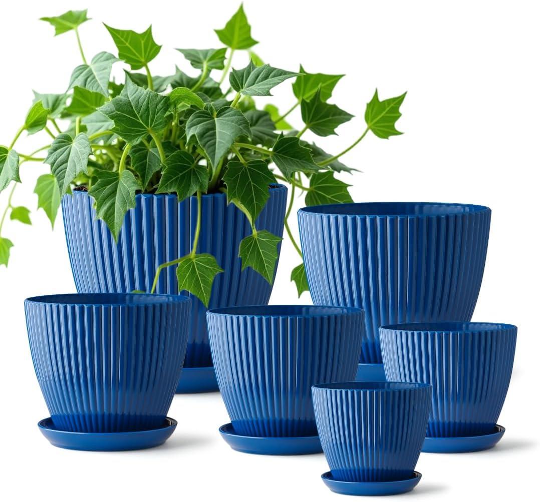 7.5/6.5/5.5/4.9/4.2/3.5 Inch Plant Pots with Saucers & Drain Holes - Indoor/Outdoor Flower Pots for Succulents, Herbs, Cactus - Modern Lightweight Durable Planter Set, Blue