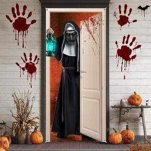 Pack Of 3 Horror Movie Character Door Banner, Nun Door Banner Scary Halloween Door Cover, Horror Birthday Party Decorations for Photo Props, Classic Horror Movie Characters Door Decor, Halloween Party Supplies for Front Door