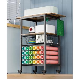 Queension Craft Cart with Wheels for Cricut Machines, Craft Organization and Storage Stand with Basket, Cutting Machine Stand for Cricut Accessories, Vinyl Roll Organizer, Black