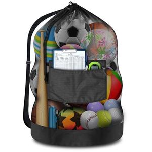 Heavy Duty Soccer Ball Net Bag(100L Extra Large Capacity 10-12Balls), Drawstring Mesh Ball Bag with Zipper Pocket, Sports Equipment Storage Organizer Hold for Gym, Beach, Cloth, Swimming Gears