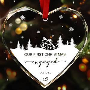 Our First Christmas Engaged Ornament 2024, Engagement for Couples, Bridal Shower Newlywed, Christmas Tree Decorations, Heart Glass Wedding Ornament 