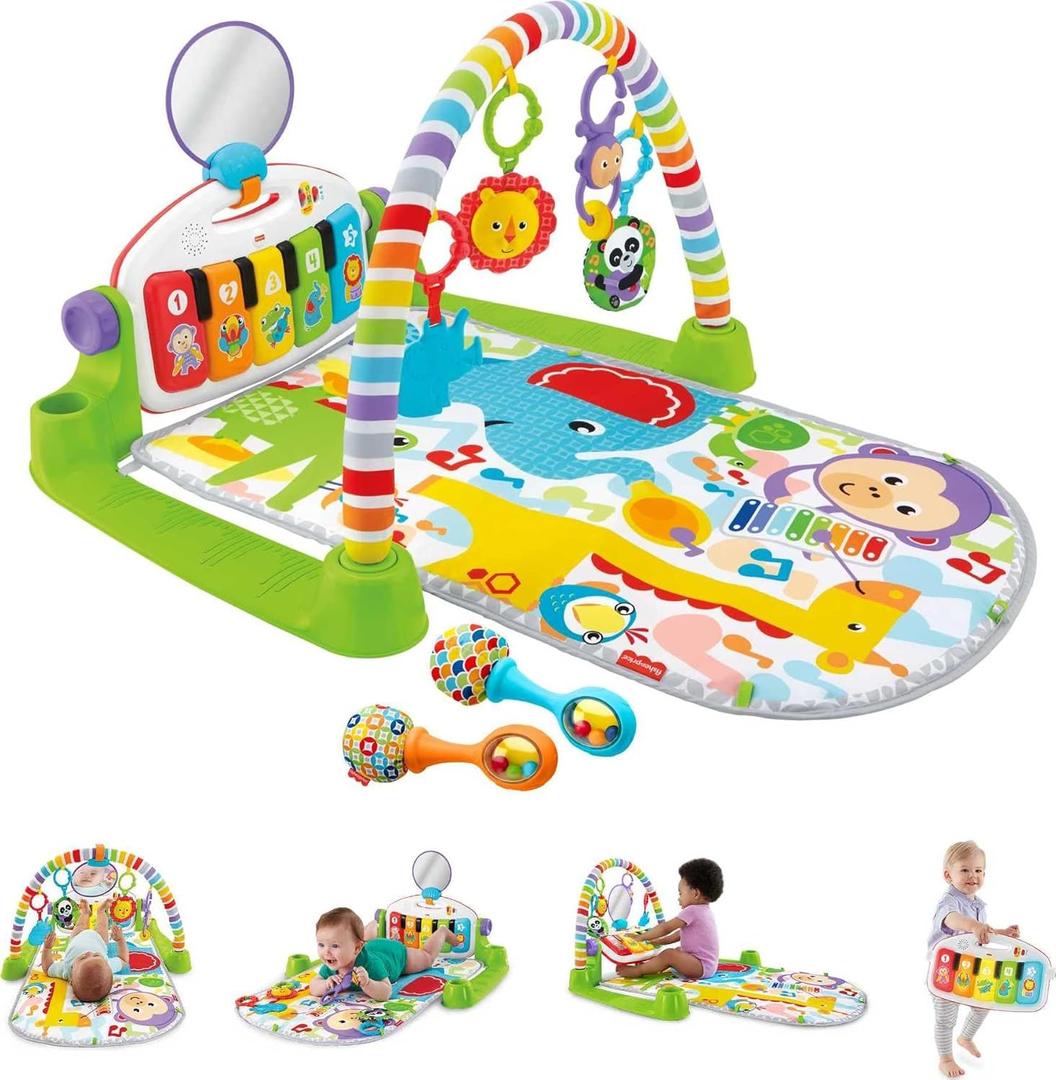 Fisher-Price Baby Playmat Deluxe Kick & Play Piano Gym for Learning & 2 Maracas Soft Rattles for Newborn to Toddler Play Ages 0+ Months (Green)