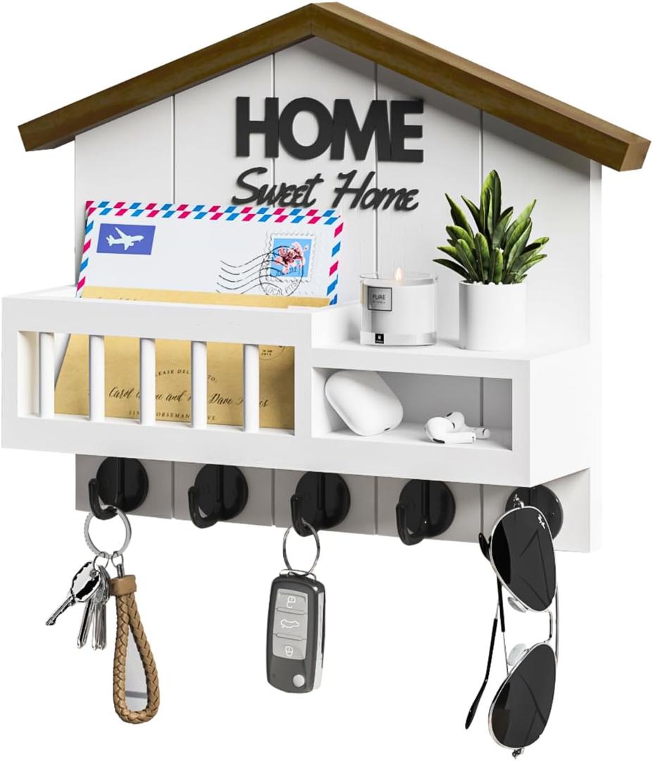Key and Mail Holder for Wall, Wall Key Holder with Shelf, Key Rack Wall Mount, Wood Key Holder Wall Mount White, Mail Organizer Wall Mounted, Entryway & Front Door Key Holder with 5 Hooks