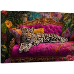 Cheetah Lying On Pink Sofa Canvas Wall Art Eclectic Leopard Wall Decor Pictures Maximalist Animal Portrait Poster Prints for Living Room Home Bedroom Home Decoration 24x36in Ready to Hang