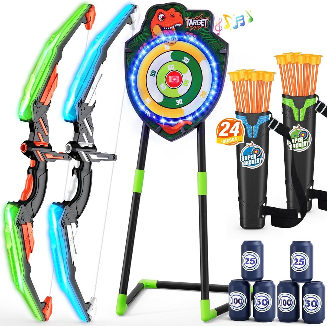 HYES 2 Pack Kids Bow and Arrow, LED Light Up Archery Set with 24 Suction Cup Arrows, Indoor Outdoor Sport Dinosaur Toys Gifts for 3 4 5 6 7 8 9 10 11 12 Year Old Boys Girls, 2 pack-led standing target