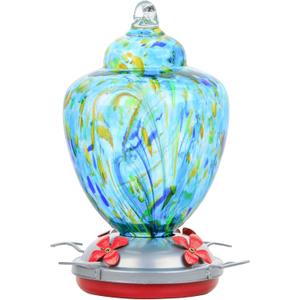 REZIPO Hummingbird Feeder with Perch - Hand Blown Glass - Light Green - 38 Fluid Ounces Hummingbird Nectar Capacity Include Hanging Wires and Moat Hook