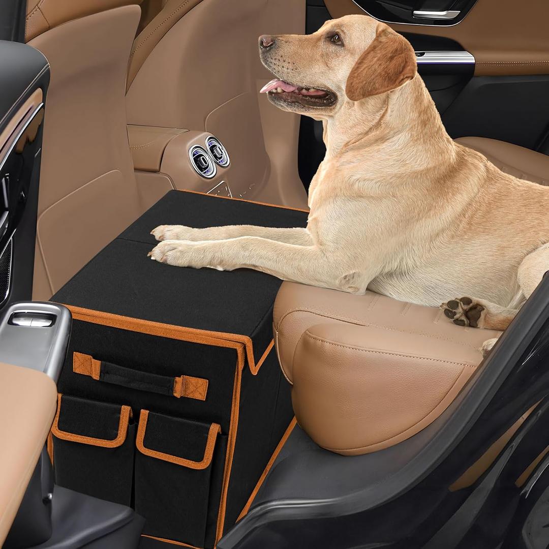 Back Seat Extender for Dogs up to 200lbs, Backseat Extender with Storage Pockets, Collapsible Dog Car Front Seat Extender for Travel (Orange)