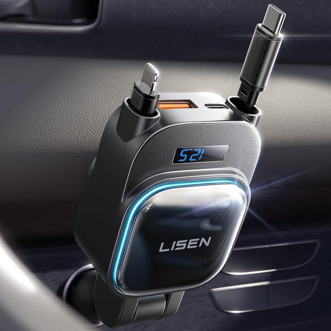 LISEN 96W Retractable Car Charger (2025 Upgraded) Fast Charging Retractable Type C Cord for iPhone 16 Charger, Multi Port USB C Car Accessories for Men, for iPhone 16e 16 15 14 13 12 Samsung Android (Black)