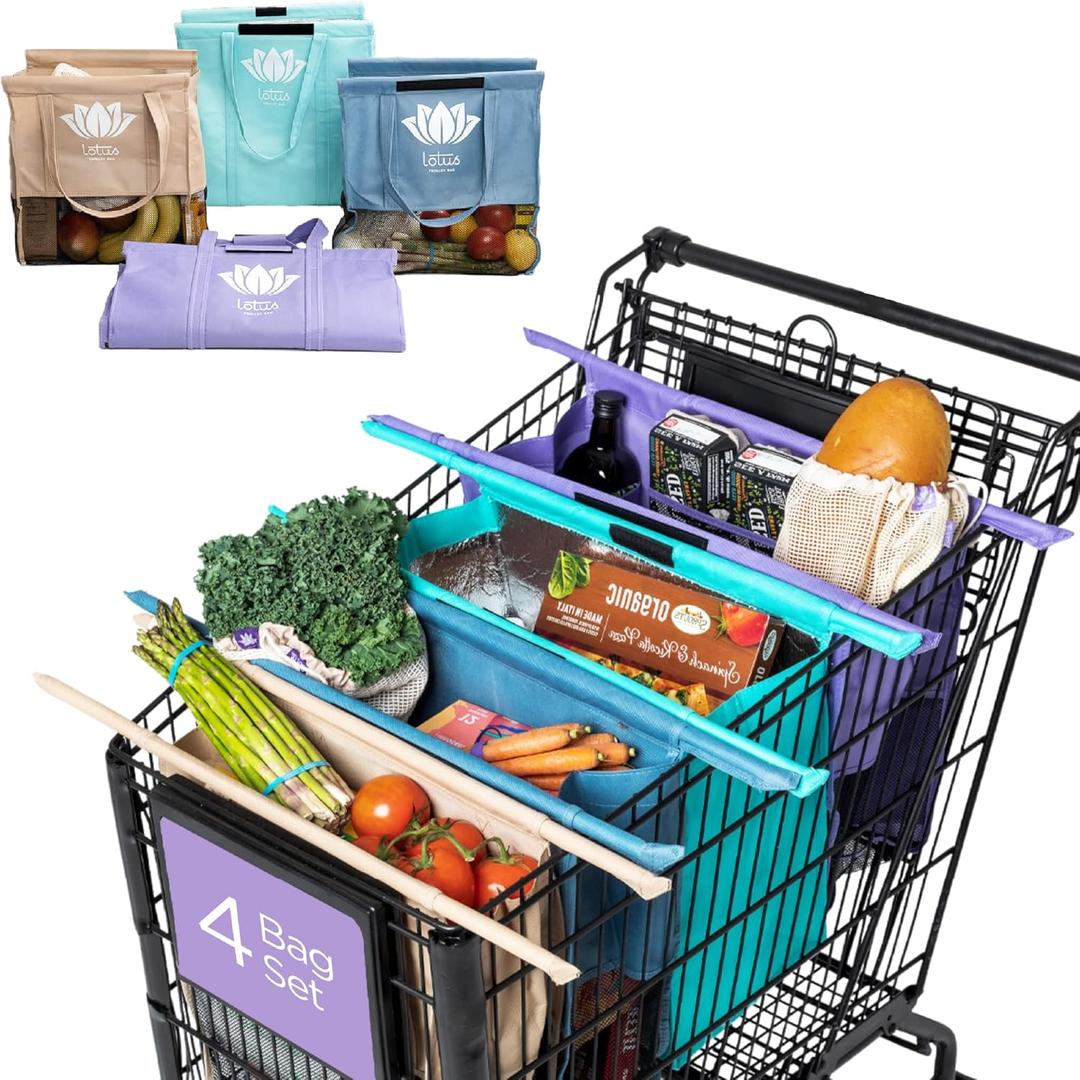 Lotus Original Trolley Reusable Shopping Bags (4-Pack)  Detachable & Reusable Grocery Bags Foldable with Insulated Grocery Bag & Egg/Wine Holder  Washable Shopping Totes to Save Time & Easy Storage