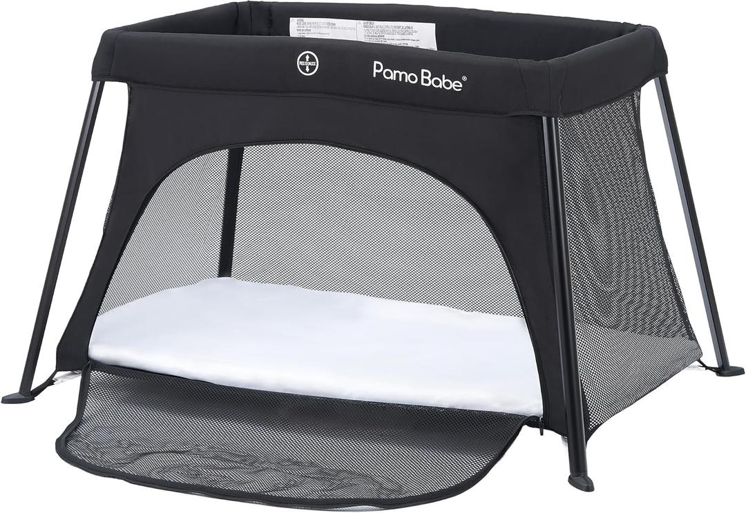 Pamo Babe Travel Crib for Baby - Mini Lightweight Baby Playard with Zip Door, Easy to Carry (Black)