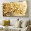 BirdSuite Gold Framed Golden Leaf Money Tree Wall Art, Luxury 3D Effect Canvas Print, Ready to Hang Wall Decor for Living Room Bedroom Office Dining Room Entryway, 58x29 Inch