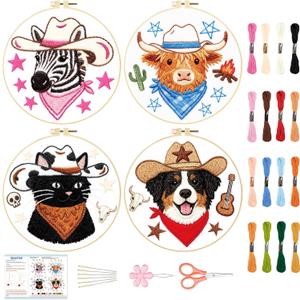 BEUNITONE 4 Set Embroidery Kit for Beginners, Animal Cowboy Patterns Cross Stitch Kits, Needlepoint Kits for Adults with Hoop, Cute Hand Embroidery Patterns for Cloth and Home Decor