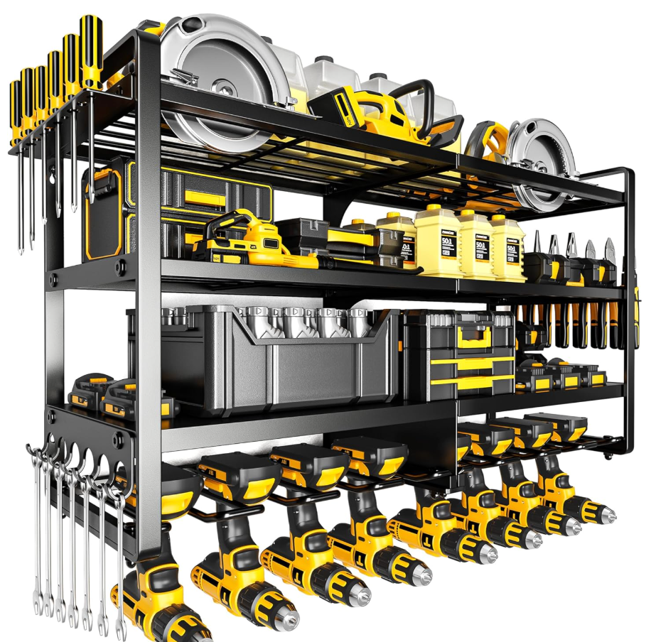 POKIPO Large Power Tool Organizer Wall Mount,4 Layers Heavy Duty Metal Loads 400lbs,Power Tool Shelf Battery Storage with 8 Cordless Drill Holder,Utility Racks for Garage Workshop