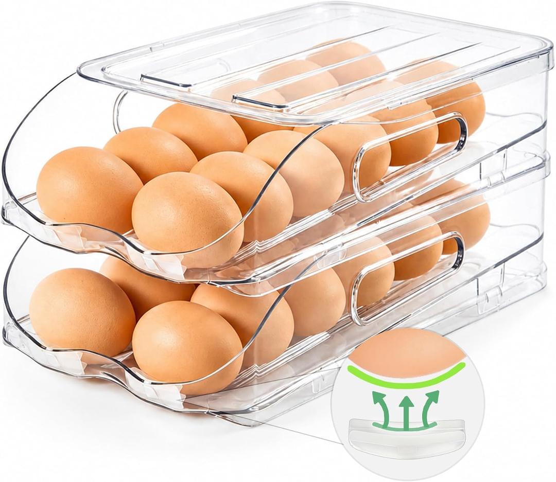 SMRCAD Egg Holder for Fridge, Automatic Steady Rolling Egg Container with Soft Bumpers & Handle for Refrigerator, Stackable Fridge Organizers and Storage with Lid, 2 Tier Holder 24 Eggs