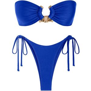 ZAFUL Metal Ring Bandeau Bikini Set Tie Side Bathing Suit High Cut 2 Piece Swimsuit Cutout Swimwear (Small, Silky Royal Blue) ZAFUL Metal Ring Bandeau Bikini Set Tie Side Bathing Suit High Cut 2 Piece Swimsuit Cutout Swimwear (Small, Silky Royal Blue)