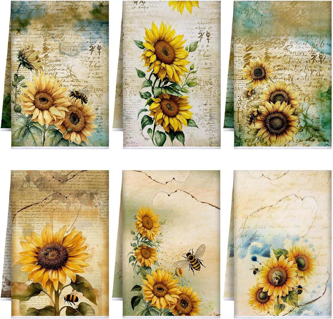 Geyoga 6 Pieces Sunflower Kitchen Towels Absorbent Dish Hand Towel Decorative Tea Washcloth for Summer Kitchen Bathroom Home Decor, 16 x 24 Inch